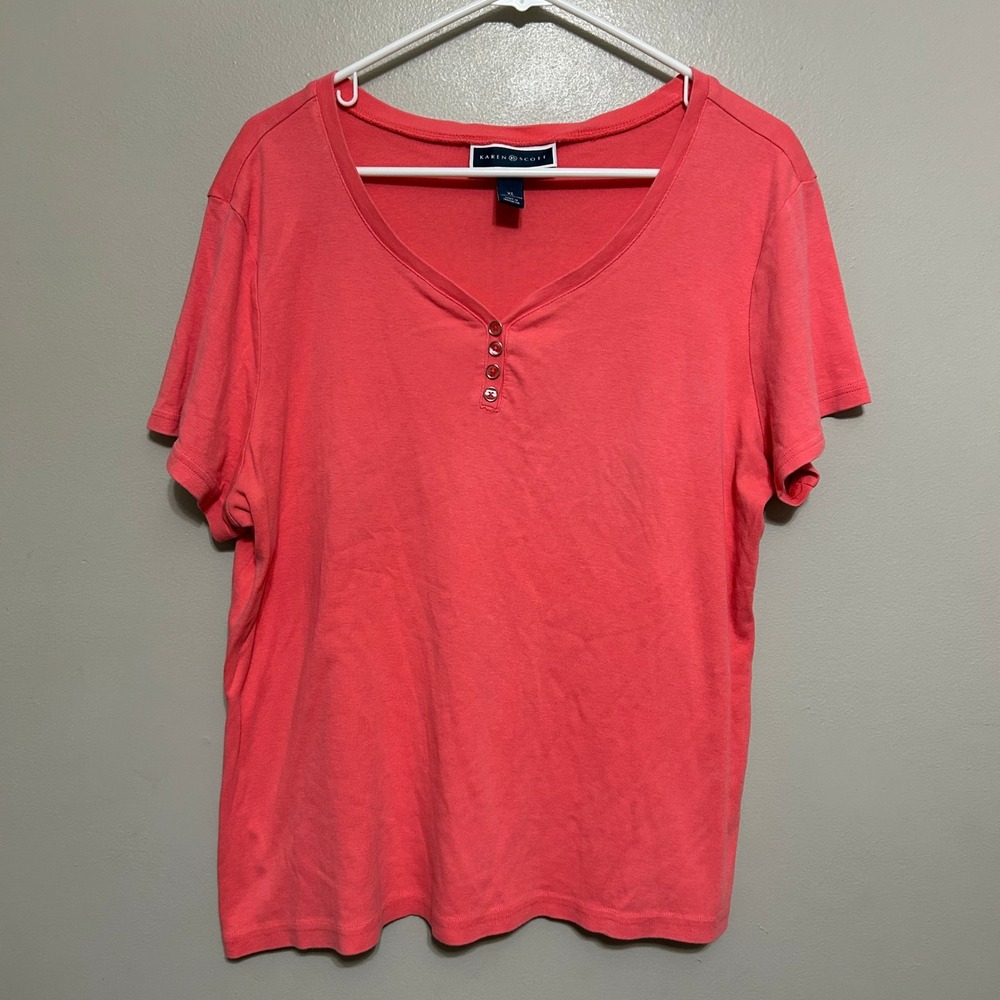 Karen Scott Henley Top XL Coral Pink Short Sleeve V-Neck Blouse Coastal Preppy